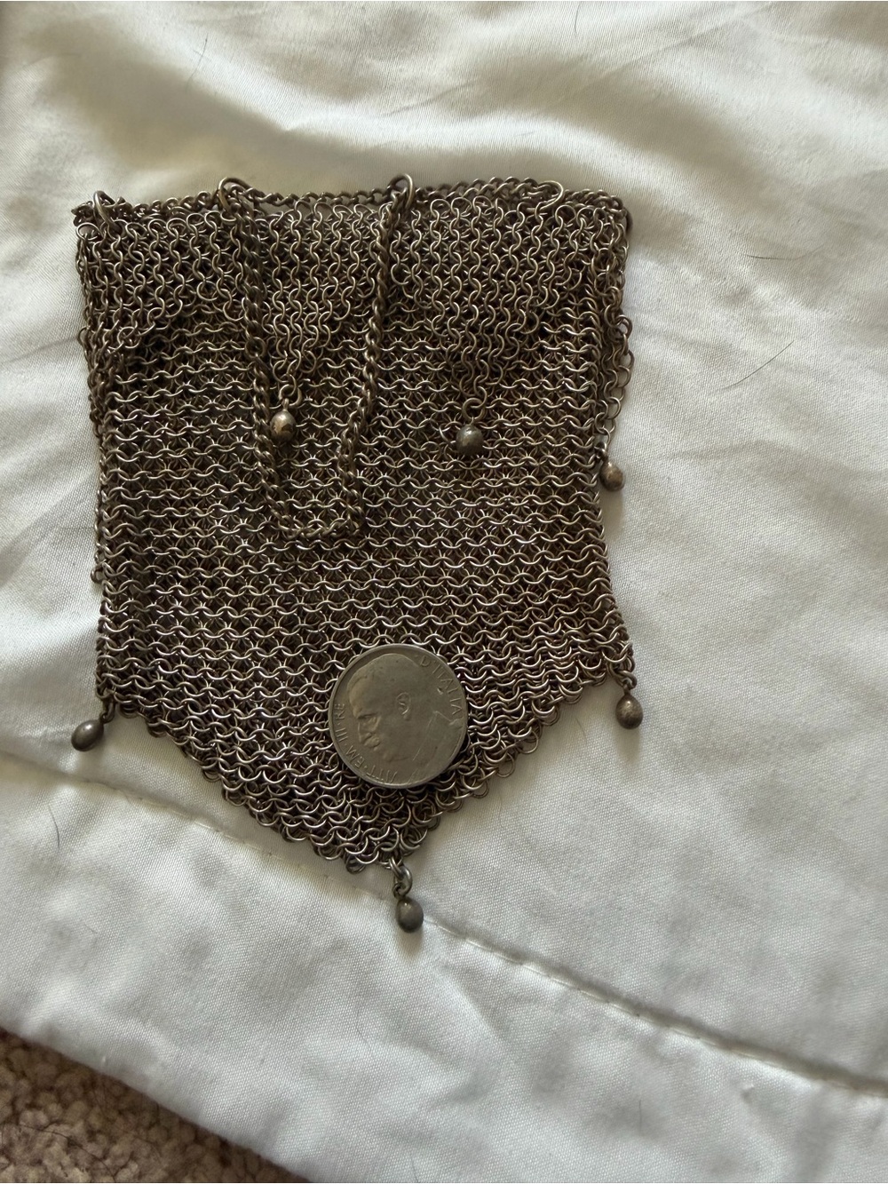 Antique Silver-Tone Chainmail Coin Purse with Dangling Beads